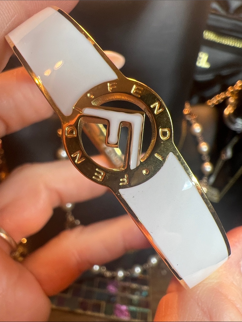 Designer White Enamel and Gold-Tone Logo Bangle